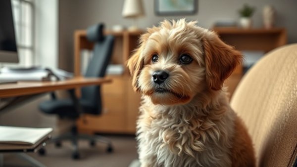 Therapy dog in law enforcement office setting, offering comfort.