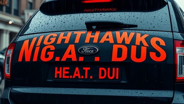 Police car with Nighthawks H.E.A.T. DUI emblem in rainy daylight