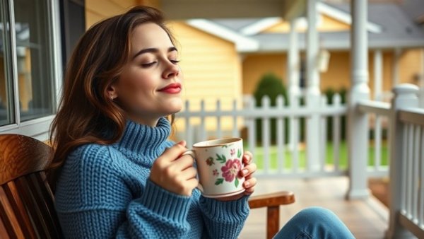 Young woman enjoying coffee on porch wearing a cozy sweater as she relaxes.