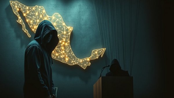 Corruption and cartels concept art with shadowy figures and map.