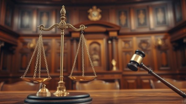 Courtroom scene with justice symbols for police accountability lawsuit.