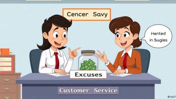 Cartoon about customer service with an excuse jar full of money.