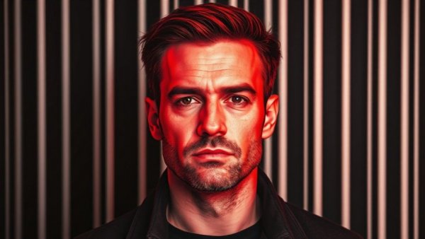 Stylized red portrait against a striped background, MrBeast workplace lawsuit context