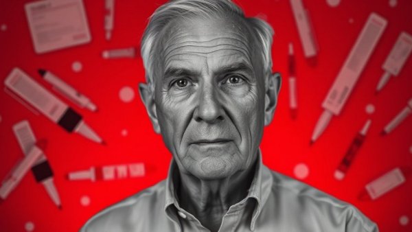 Illustration of Medicare weight-loss drugs with a person on a red background.