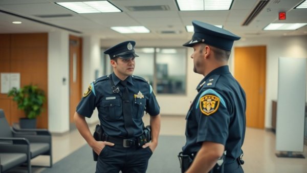 Officers discussing in a waiting area during Ohio immigration wellness checks.