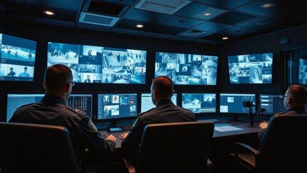 Mobile-First Policing setup with multiple surveillance screens and police personnel.