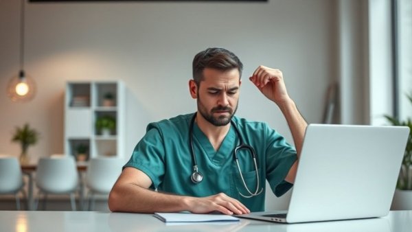 Burnout among relief veterinarians: stressed vet at a desk with laptop