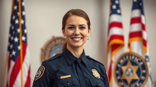 Police officer smiling beside a flag and emblem, heroes of the World Trade Center.