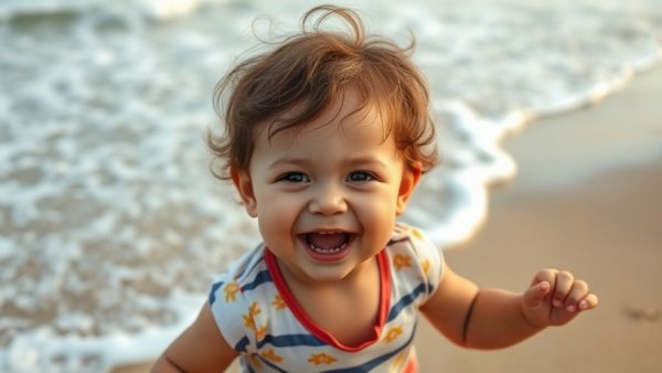 Raising successful kids with grit: toddler on beach with supportive hands.