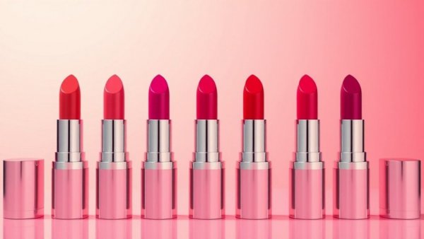 Elegant lipstick bottles with cosmetic applicators on pink background.