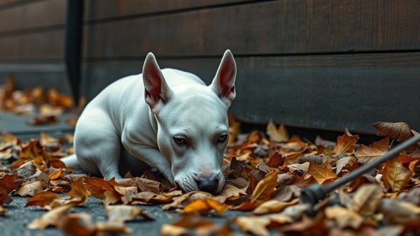 Sad white bull terrier among leaves representing animal abuse concerns.
