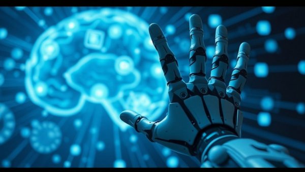 Futuristic robotic hand interacting with digital brain network, Google Task Completion Updates for MedSpas.