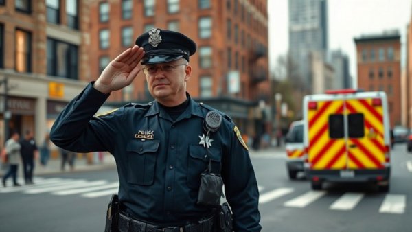 Police officer salutes ambulance at city intersection.