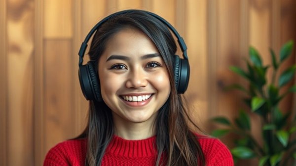 Young woman with headphones wearing red sweater in a cozy setting.