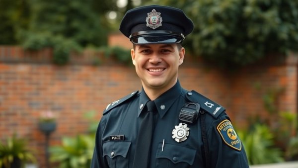 Police officer smiling in garden, wearing uniform, soft lighting.