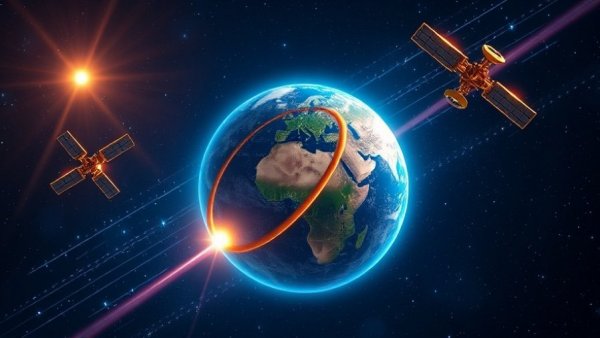 Futuristic depiction of space-based solar energy with Earth and satellites.