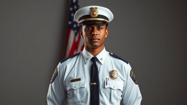 Police officer portrait with flag, Next Generation 911 theme.