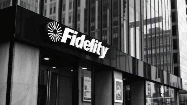 Fidelity Investments building facade, modern city backdrop.