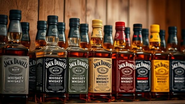 Jack Daniel's bottles arranged on a shelf with warm lighting.