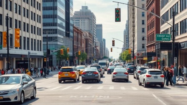 Urban intersection illustrating traffic safety initiatives with vehicles and pedestrians.