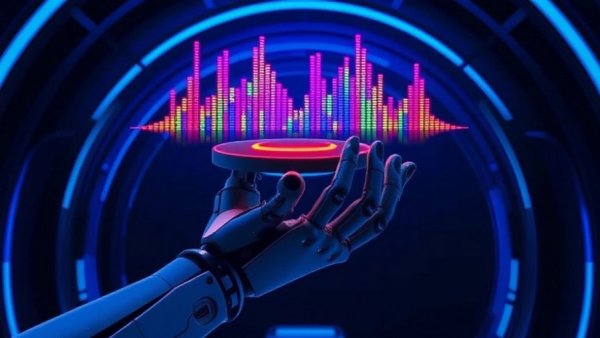 Futuristic AI hand with soundwaves for AI-Generated Podcasts