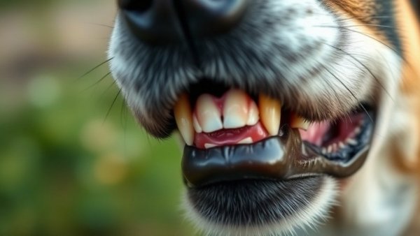 AI tool predicts periodontal disease in dogs shown by dog's open mouth with sharp teeth.