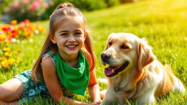 Young girl playing with golden retriever in garden, highlighting monthly dosing for canine parasite control.