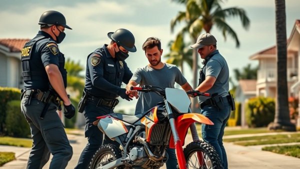 Electric Dirt Bike Pursuit arrest scene in suburban neighborhood.