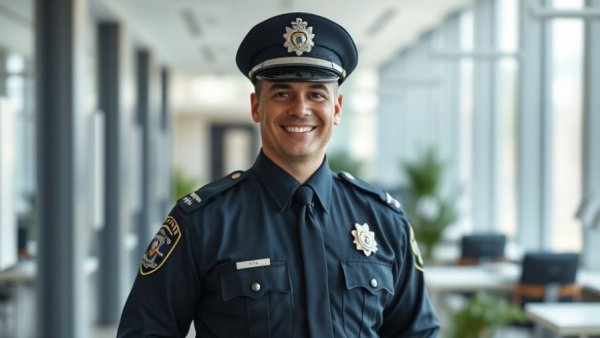 Smiling police officer in uniform promoting well-being.