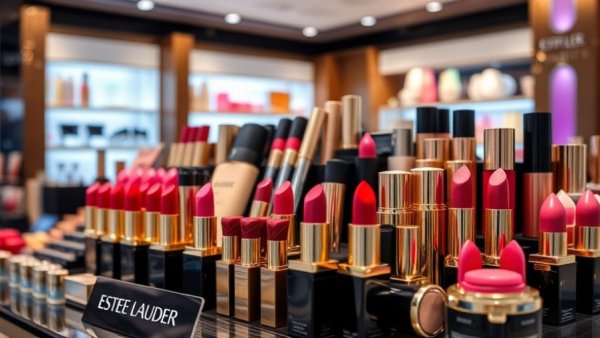 Estée Lauder cosmetics display with lipsticks and foundations.