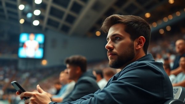 Focused man holding a smartphone at a sports stadium; Mark Cuban does not plan to repurchase the Dallas Mavericks.