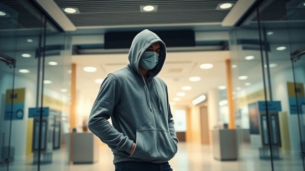Kentucky bank robbery suspect in grey hoodie entering a bank.