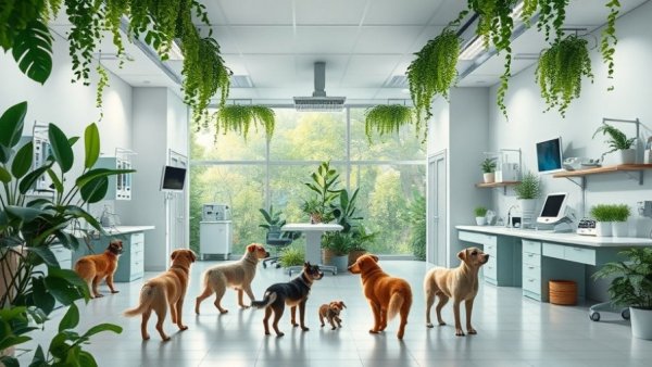 Open ecosystem in veterinary practices with animals and greenery.