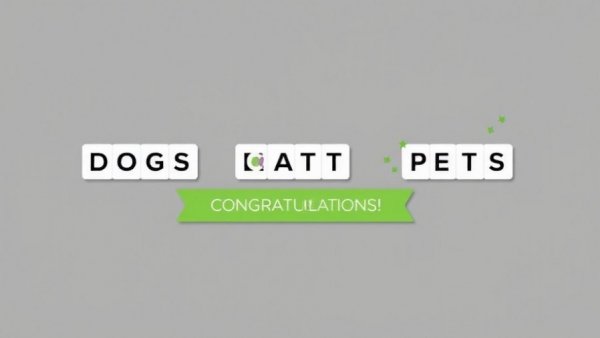 Veterinary wordplay puzzle with 'DOGS', 'CATS', 'PETS' and congratulatory banner.