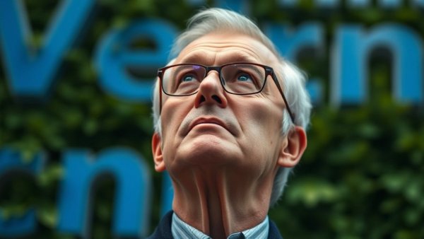 Older man in glasses looking thoughtful, blurred text background.
