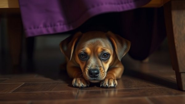 Anxious dog hiding under furniture, reflecting fear.