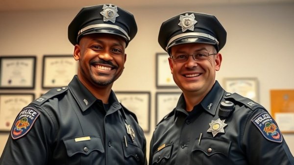 Friendly police officers in an office setting, promoting officer safety and organizational wellness.