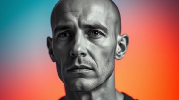 Monochrome portrait of a man with a gradient background.