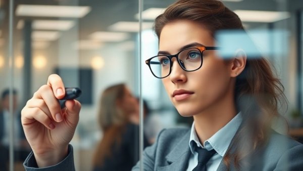 Professional updating notes on a transparent board in an office setting.