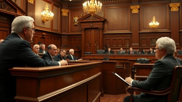 California Supreme Court ruling on bail depicted in a detailed courtroom scene.