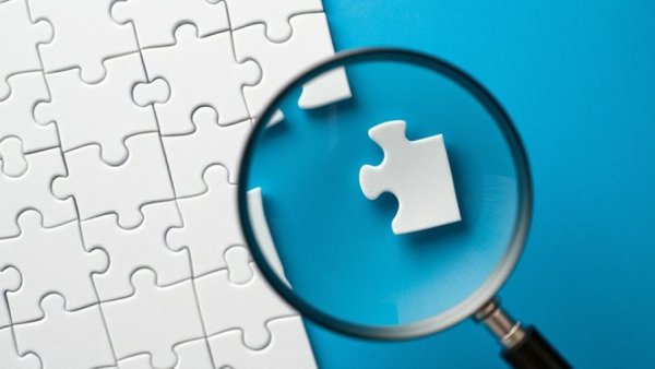 Jigsaw puzzle under a magnifying glass showing missing piece, highlighting Google's AI search links.