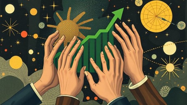 AI-Driven Growth Audits concept with hands and rising graph in cartoon style.
