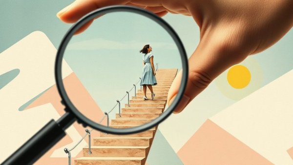 Conceptual collage of a woman ascending stairs with magnifying glass.