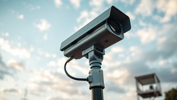 Advanced ALPR camera mounted under cloudy sky, highlighting ALPR technology in law enforcement.