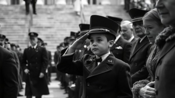 Historical funeral scene with saluting child and dignitaries