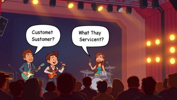 Humorous cartoon highlighting customer service through a concert theme.