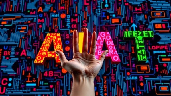 Colorful AI letter collage with hand, symbolizing tech advancement.