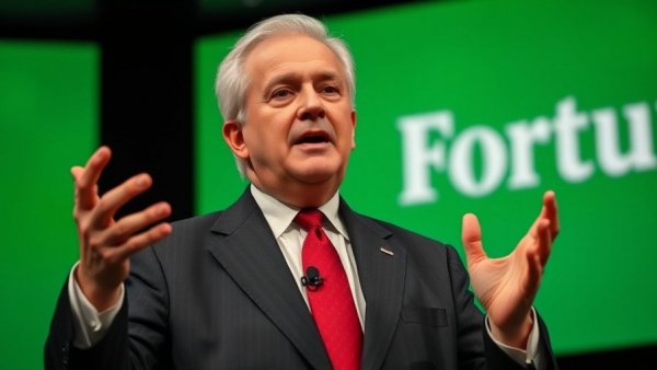 Elderly man discussing passionately at a conference with Fortune logo.