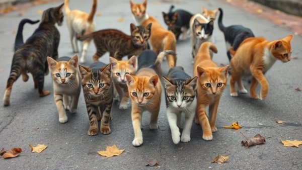 Stray cats and kittens walking on pavement, rabies symptom context