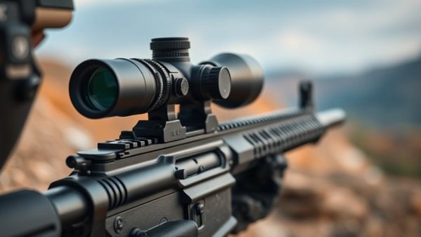 Close-up of LPVO scope on a rifle aimed by a person.